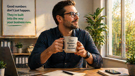 A man sits thoughtfully in a sunlit office, holding a mug that reads "Clear Numbers. Better Decisions." A board behind him emphasizes the importance of integrating good numbers into business operations, underlining the message with, "Good numbers don't just happen. They're built into the way your business runs."