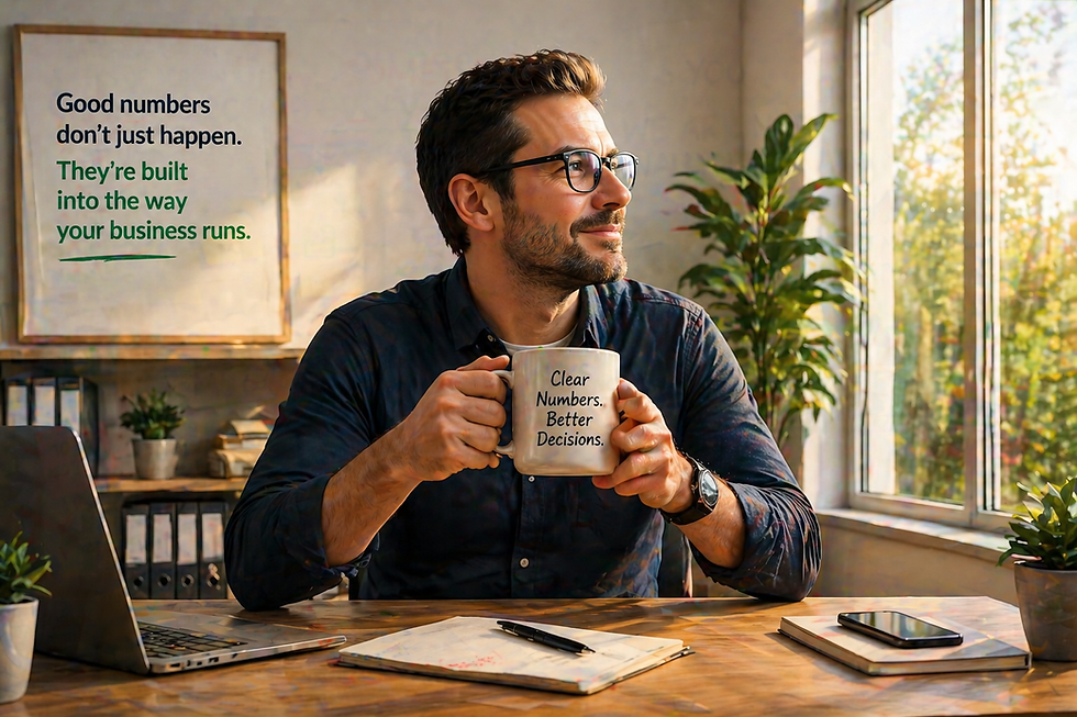 A man sits thoughtfully in a sunlit office, holding a mug that reads "Clear Numbers. Better Decisions." A board behind him emphasizes the importance of integrating good numbers into business operations, underlining the message with, "Good numbers don't just happen. They're built into the way your business runs."