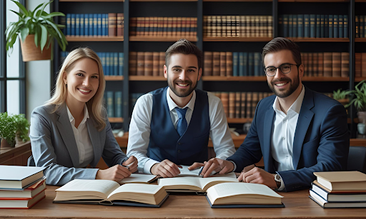 Three smiling people in business attire sit at a table with open books. Bookshelves and plants adorn the sunlit background, creating a scholarly vibe.