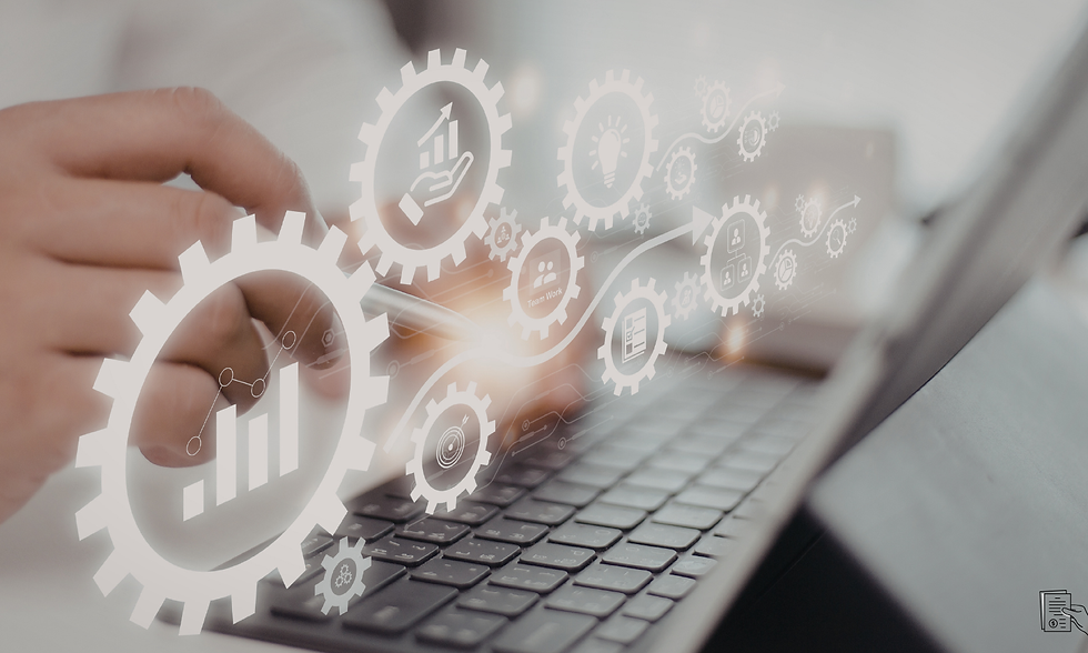 A person interacts with a laptop, surrounded by digital gears symbolizing various business concepts such as growth, teamwork, and innovation, highlighting the integration of technology in advancing business processes.