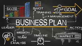 Business plan diagram on chalkboard with graphs, captions like "Success," "Goal," and icons symbolizing strategy, management, and timeline.