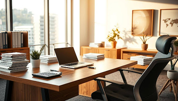 Modern office with a wooden desk, laptop, stack of books, plant, and a calculator. Large windows and warm lighting create a cozy atmosphere.