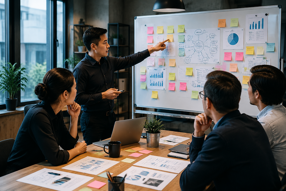 A team engaged in a strategic planning session, as a presenter explains data and concepts using a whiteboard covered with charts and sticky notes in a modern office setting.