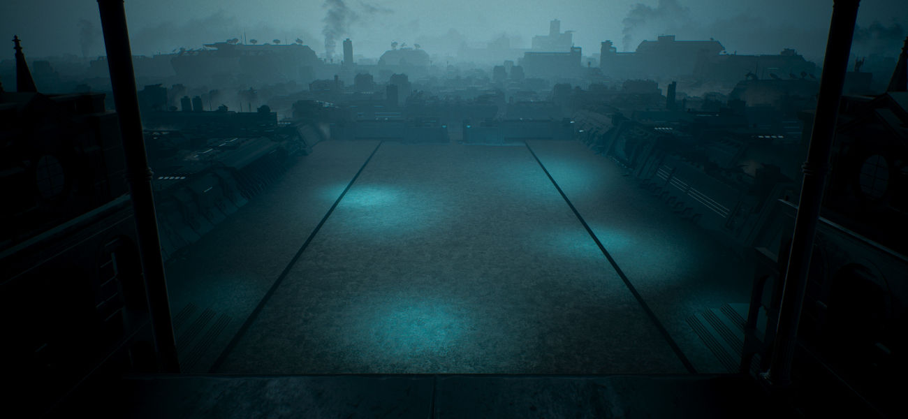 Unreal Engine study showing the environment modeling without characters, featuring an empty square illuminated by spotlights and surrounded by post-modern factories and brutalist architecture, with atmospheric smoke and fog in the distance