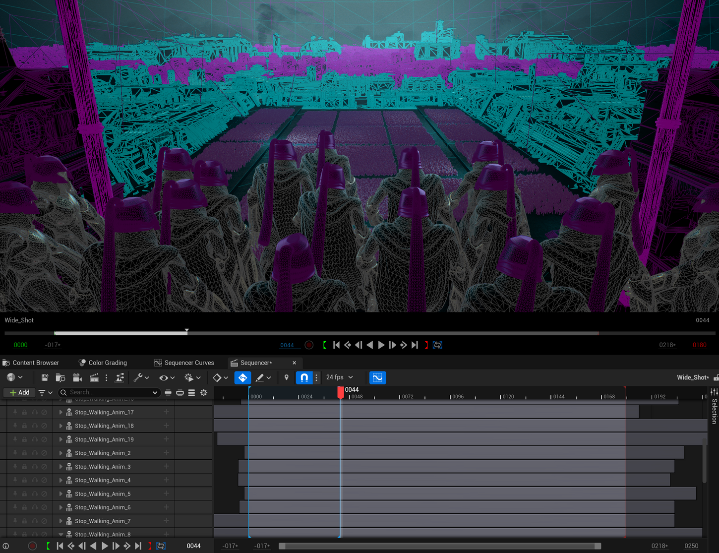 Unreal Engine project screengrab in wireframe view, showing the environment modeling and layout for my study inspired by Falling in Reverse’s Prologue music video