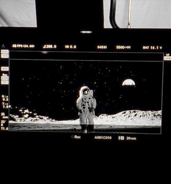 Black and white monitor shot of an astronaut actor walking on the Moon, with the lunar surface rendered on the LED volume, Toyota bZ4X virtual production