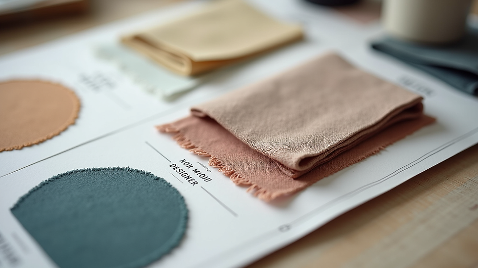Close-up view of a designer’s mood board with fabric swatches and colour samples