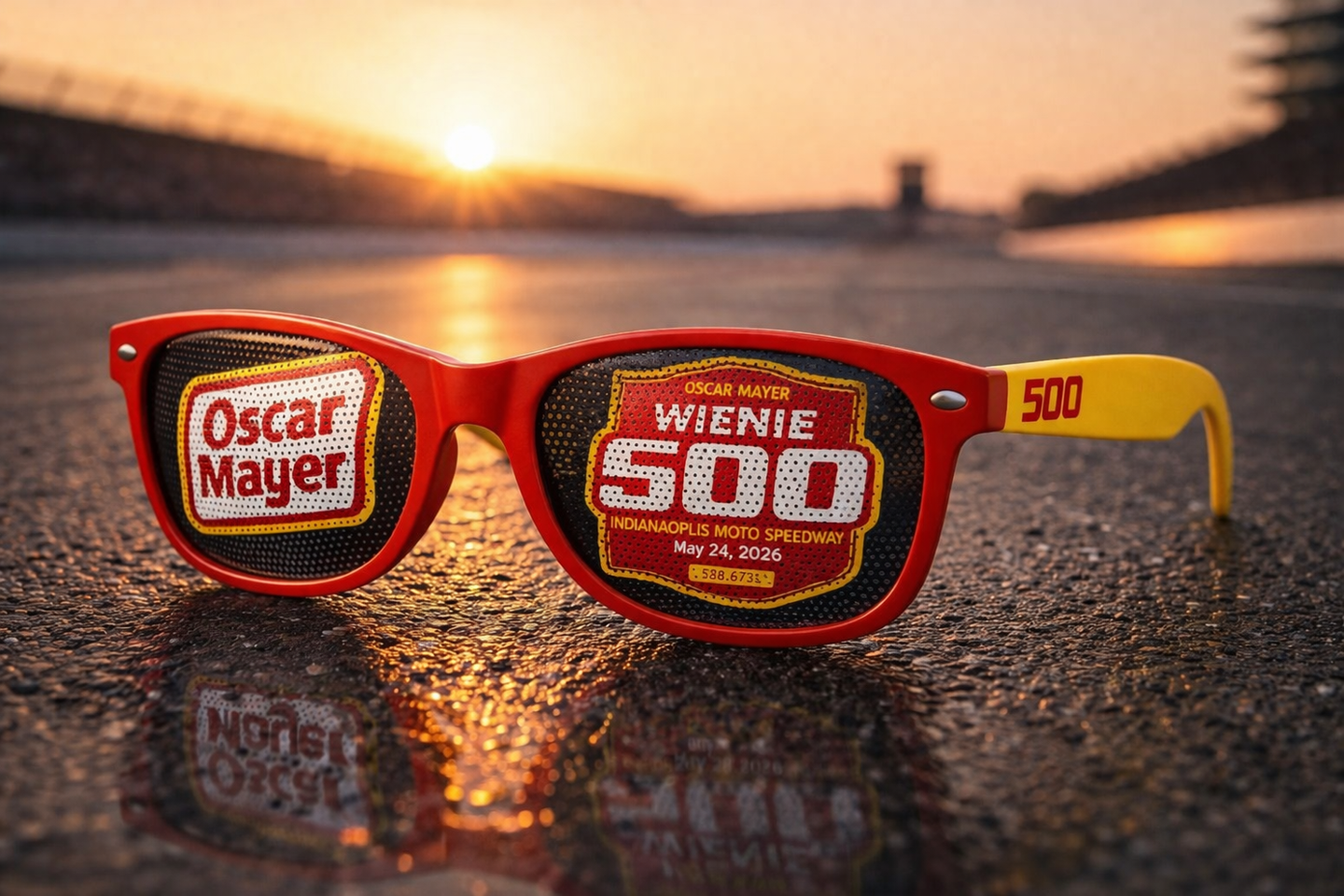 Oscar Mayer sunglasses on racetrack at sunset