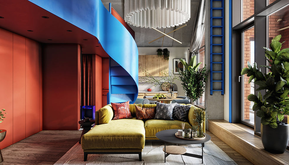 Визуализация гостиной с амбарной красной дверью и перегородкой из слэбов дерева в дизайн проекте квартиры