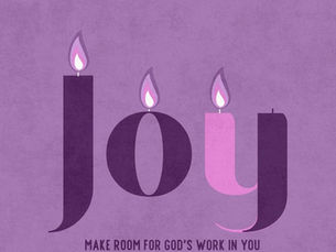 The Word "Joy" in Advent colors. The letters "P" and "J" &  "O" & "Y" have flames above them as if they are candles.