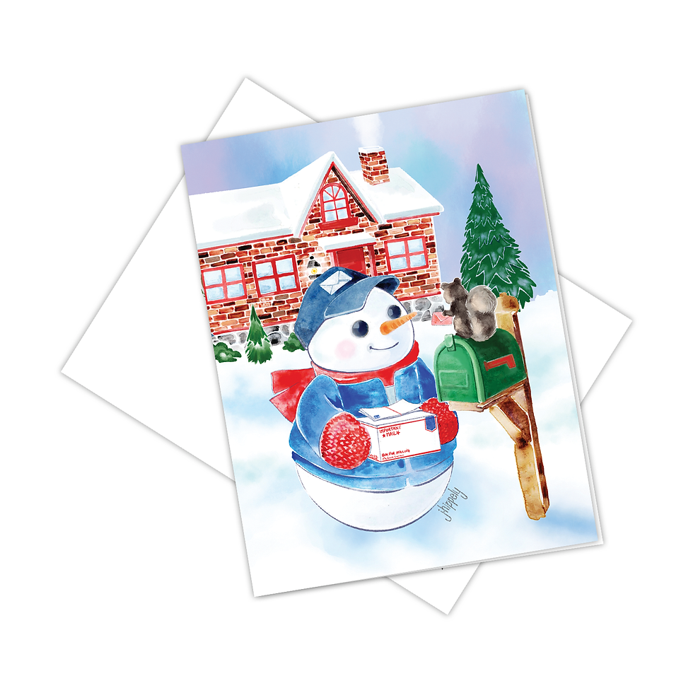Thumbnail: Jolly Carrier - Notecard with Snowman and Mailbox Squirrel  -  A2 4.25” x