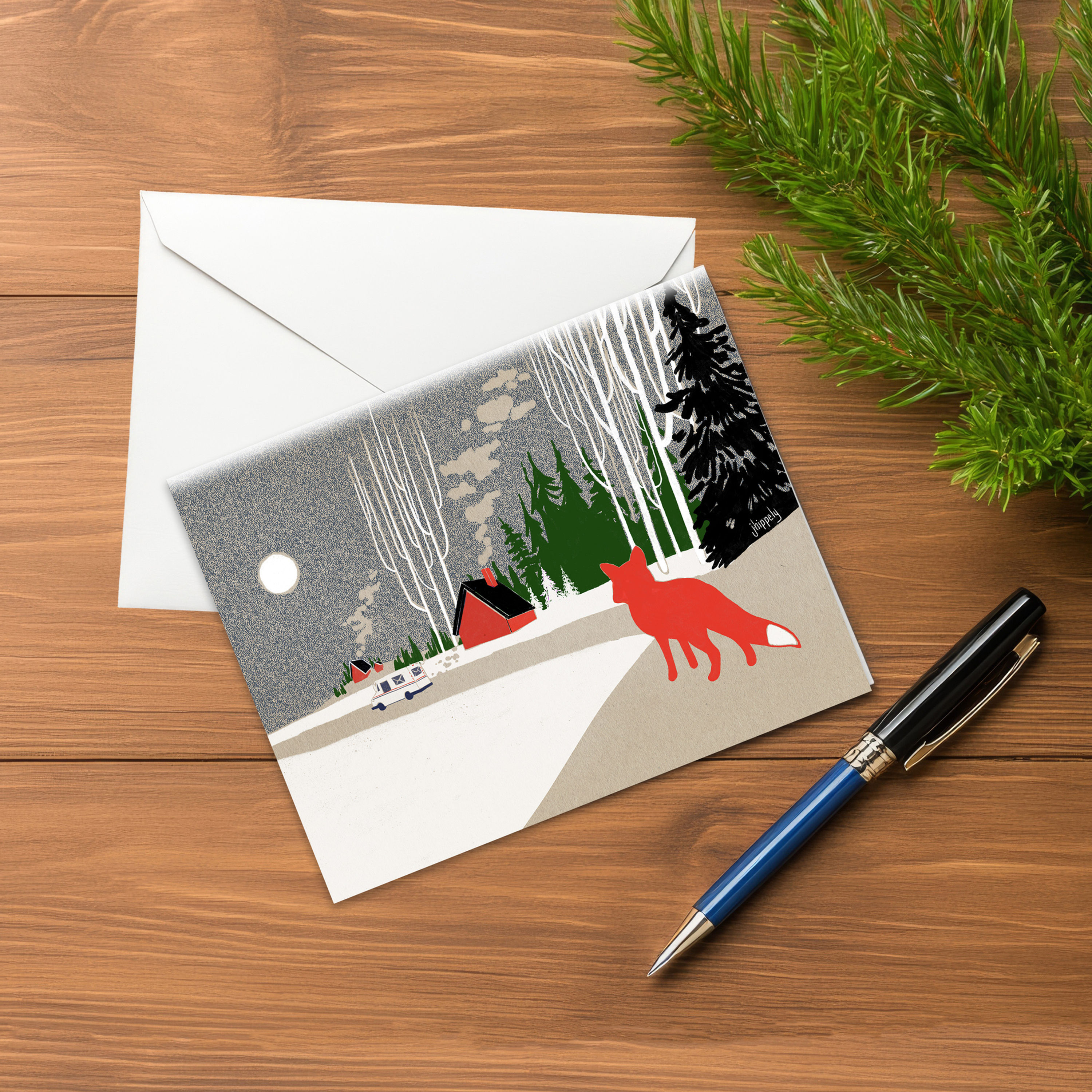 Mail Fox - Postal Notecard with Fox and Mail Truck - WINTER - A2 4.25”