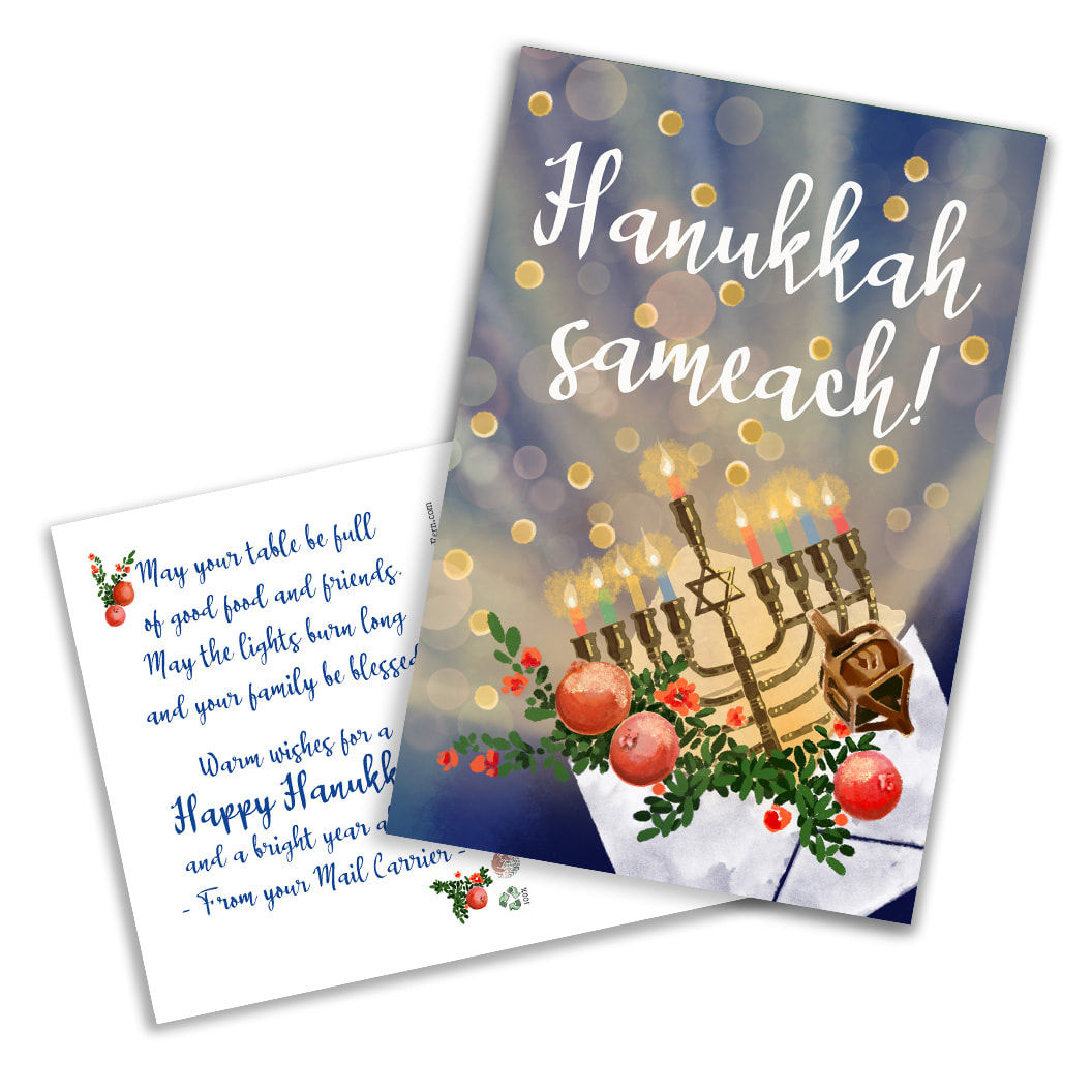 Hanukkah Sameach  - Postcards for Mail Carriers -Envelope & Hanukkah Cheer - 4x6