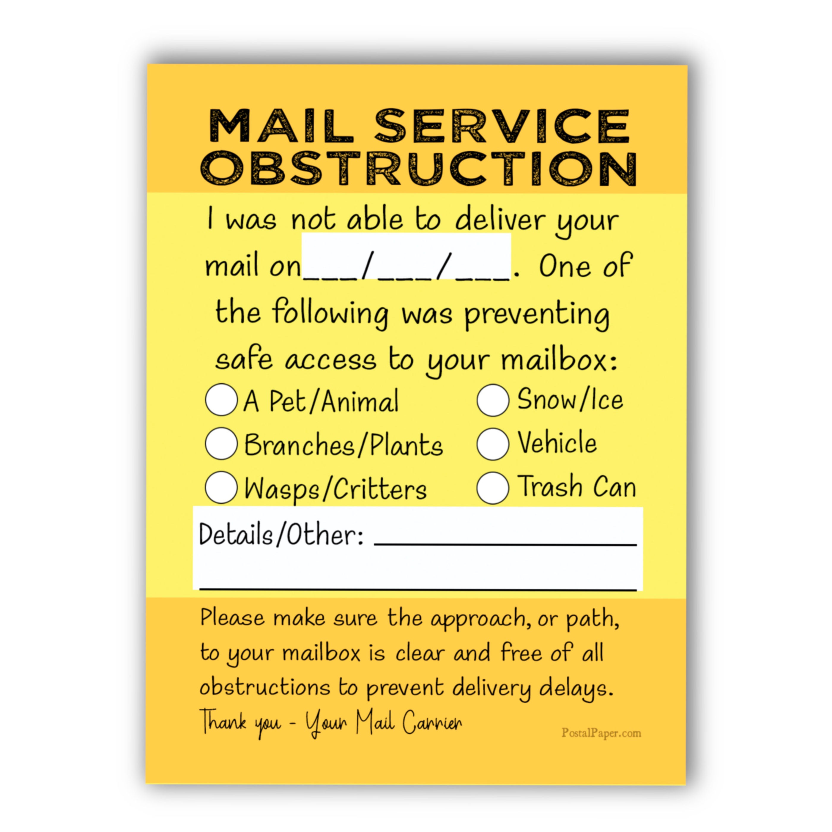 Sticky Notes for Mail Carriers - 3x4  - SERVICE OBSTRUCTION - Post-it® Note