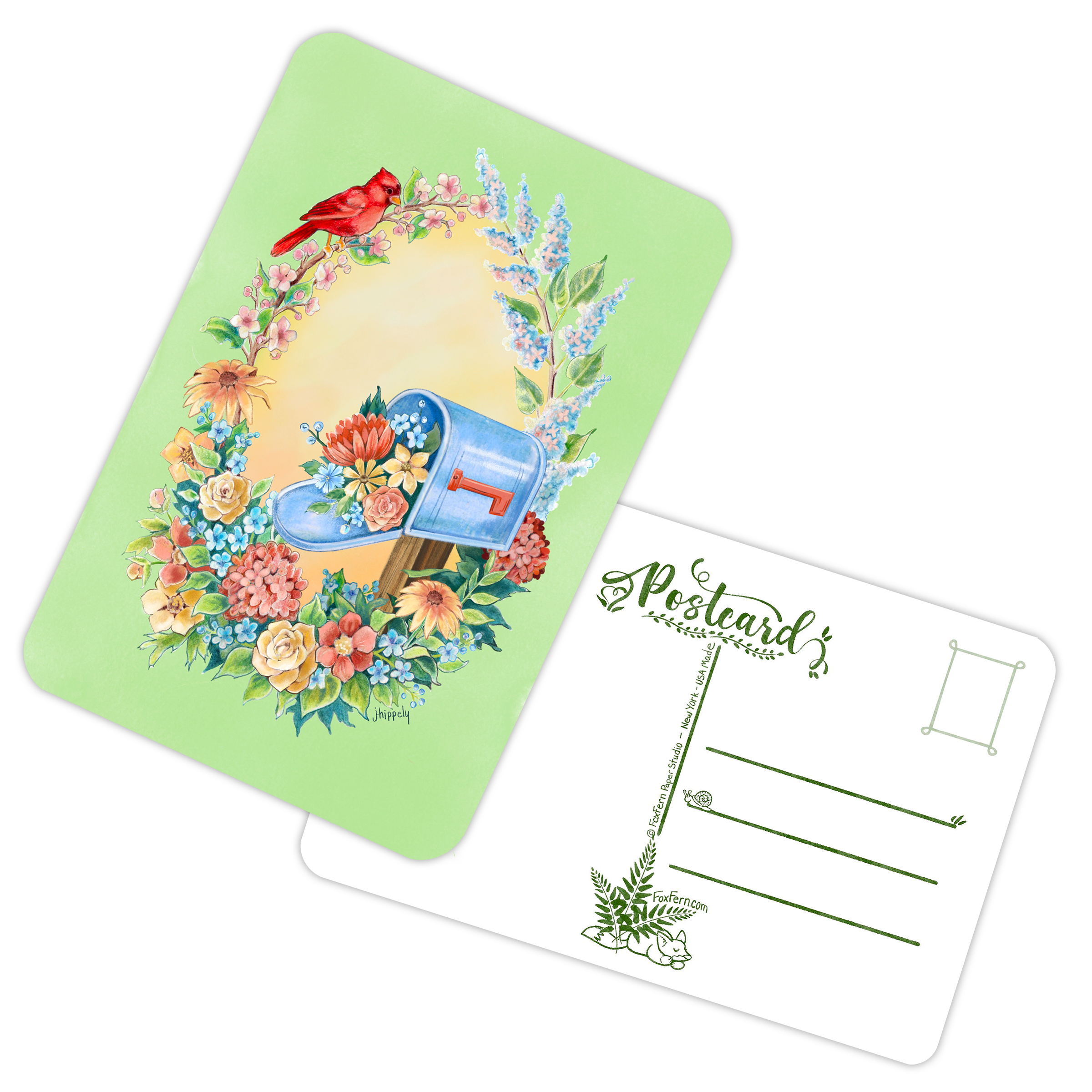 Blank Postcards - Bird with Mailbox and Floral Wreath - Postcrossing - 4x6