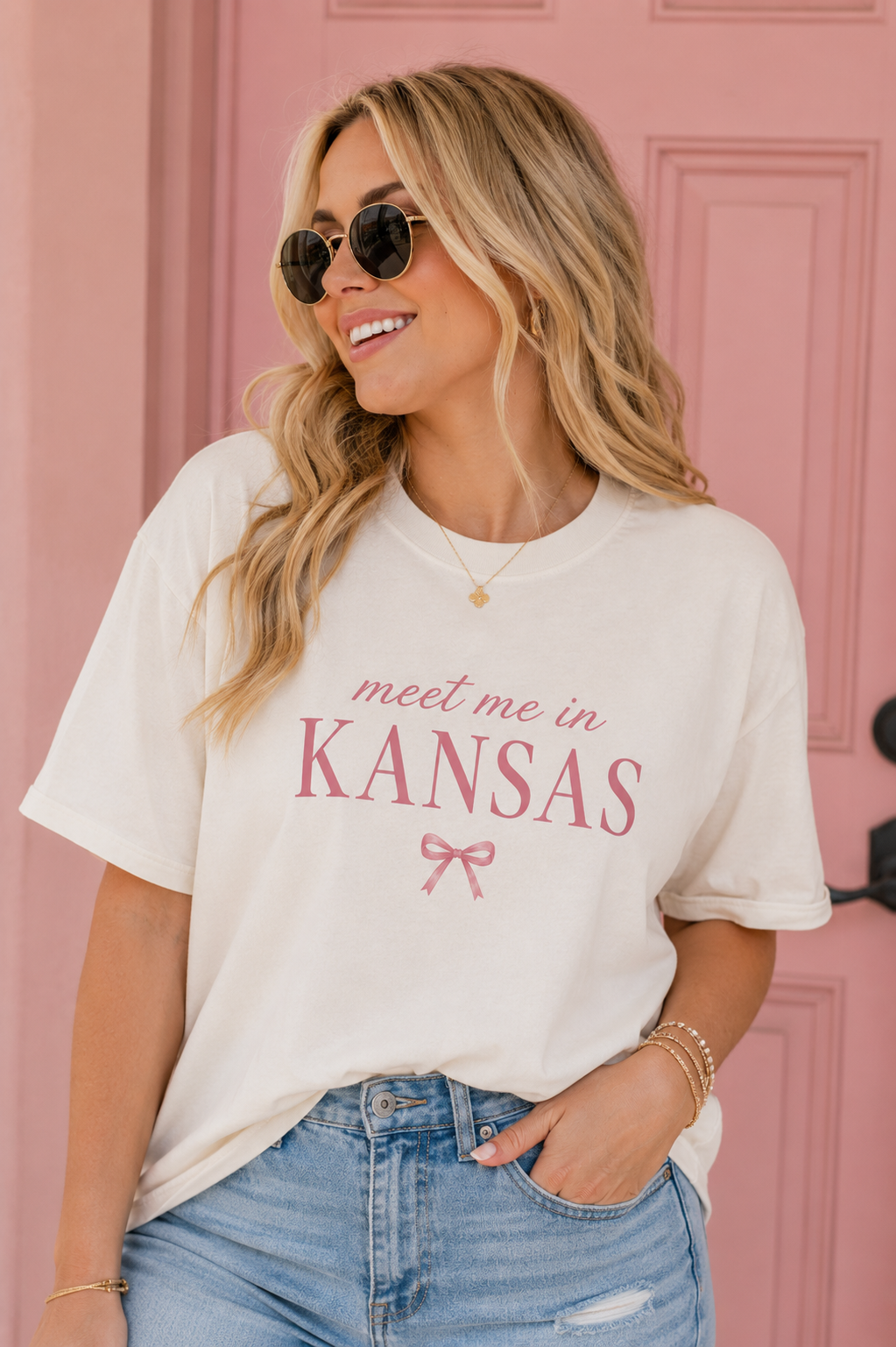 Kansas Floral Boxy Tee — 'Meet Me In Kansas' Pink Script Women's T‑Shirt