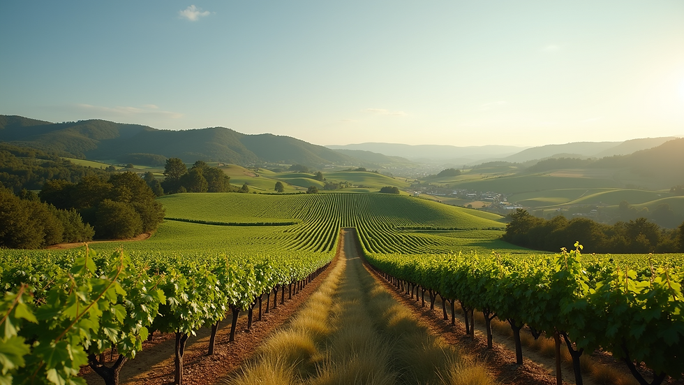 Wide angle view of a vineyard landscape with rolling hills and grapevines