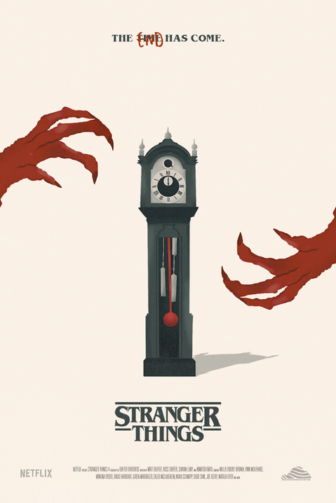 Alternative poster for Netflix's show Stranger Things season 4. The poster portrays Vecna's claws and a clock.