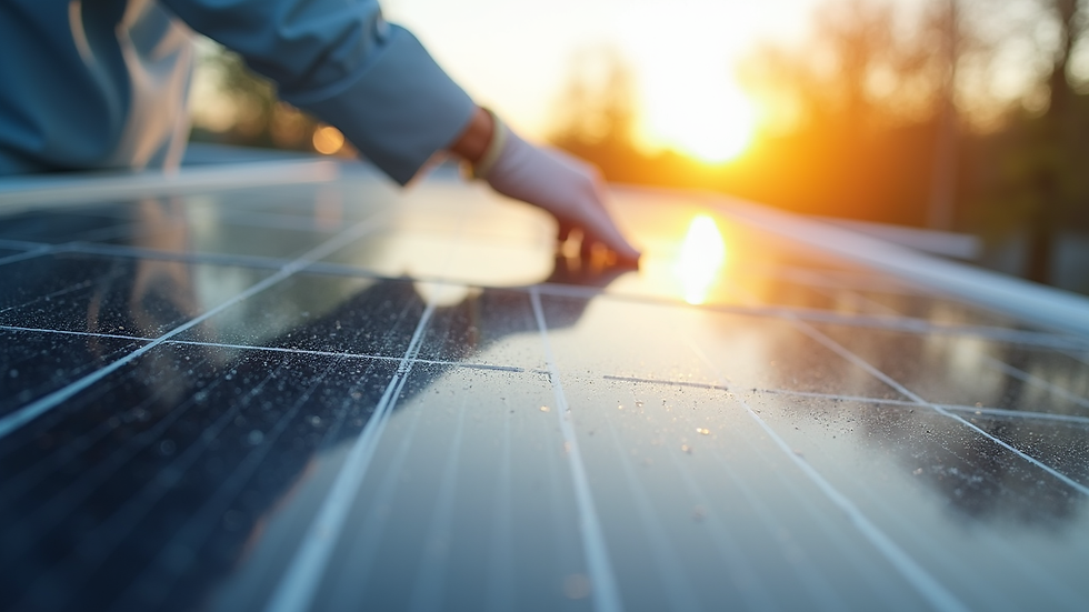 Vue rapprochée d'un technicien Solar-Clean34 nettoyant un panneau solaire sur un toit