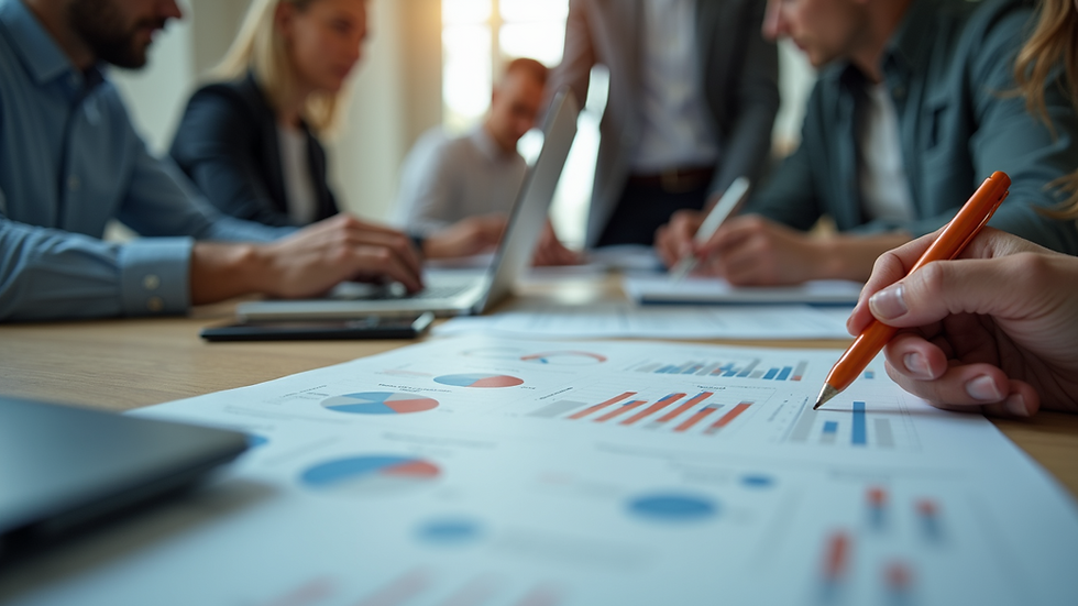 Close-up view of a digital marketing team brainstorming with laptops and charts
