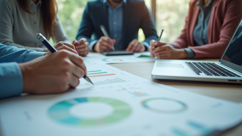 Close-up view of a digital marketing team brainstorming with charts and laptops