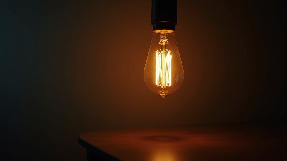 Eye-level view of a vintage light bulb glowing softly