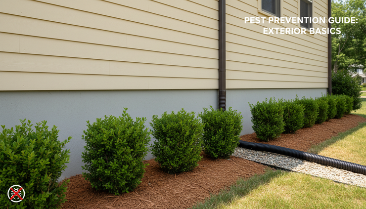 Eye-level view of a neatly maintained home foundation with trimmed shrubs, clear soil gap, and dry wood siding.
