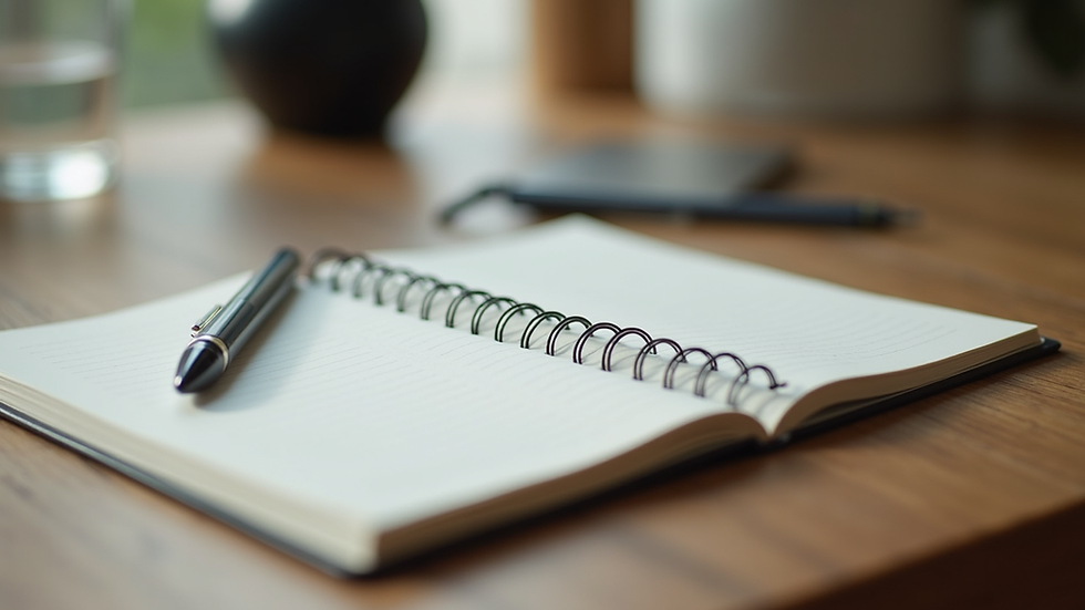 Close-up view of a journal and pen on a wooden table, symbolizing reflection and growth