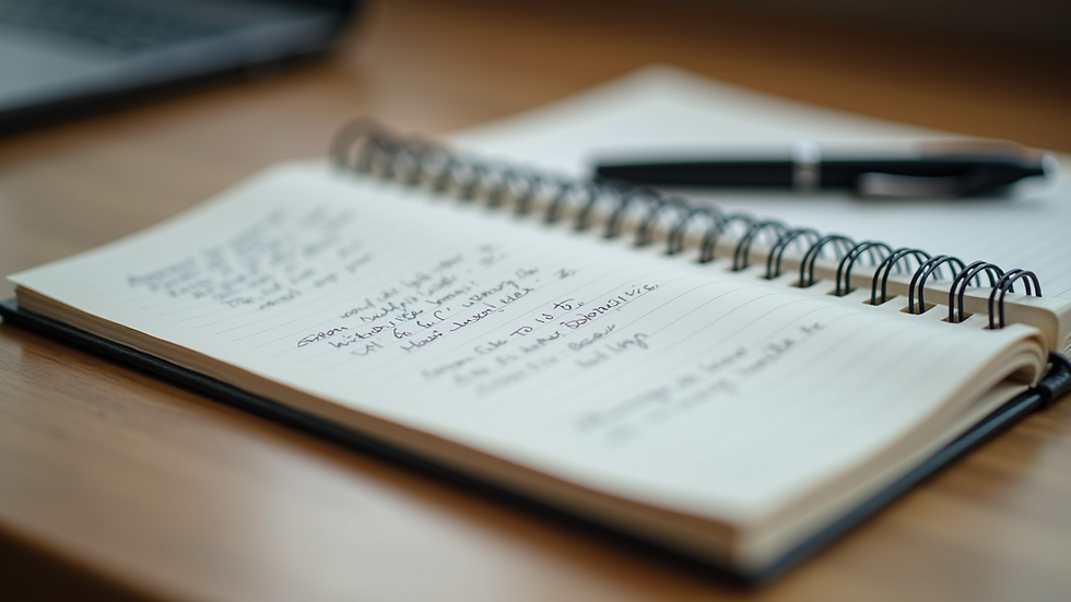 Close-up view of a notebook with handwritten notes and a pen on a wooden desk