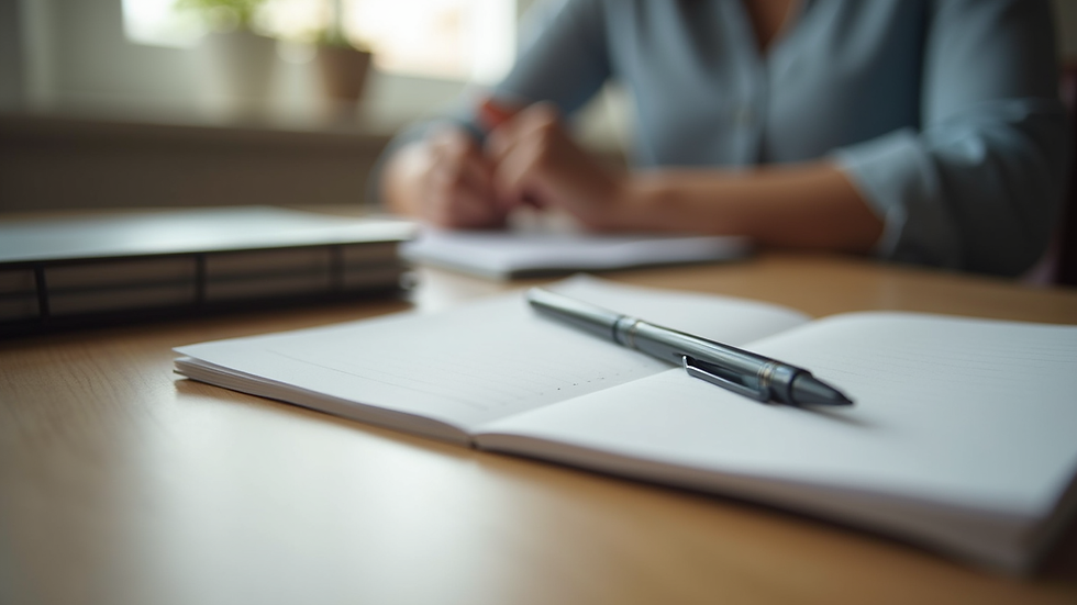 Close-up view of a notebook and pen on a table during a counselling session