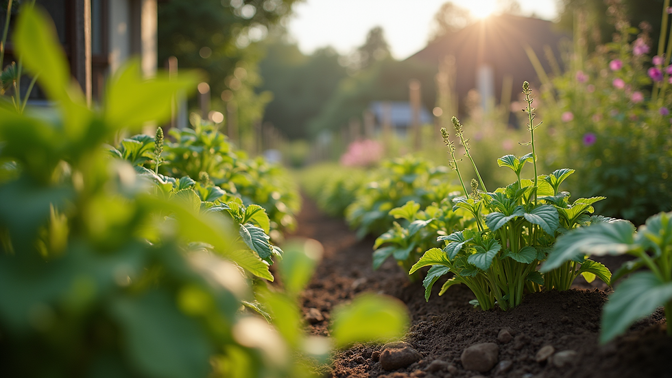 Eye-level view of a community garden flourishing with diverse plants