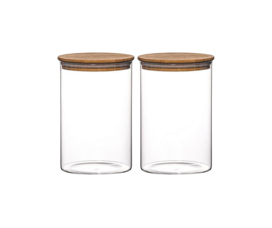 "Set of borosilicate glass jars in bulk displayed on a wooden table, perfect for wholesale supply"