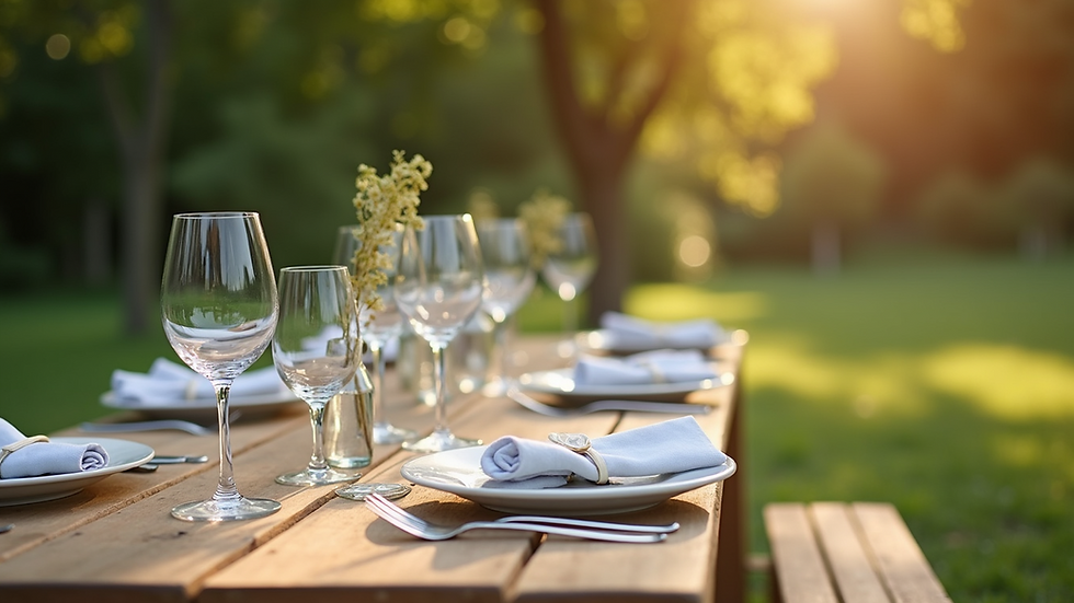 High angle view of stylish outdoor glassware set up on a picnic table