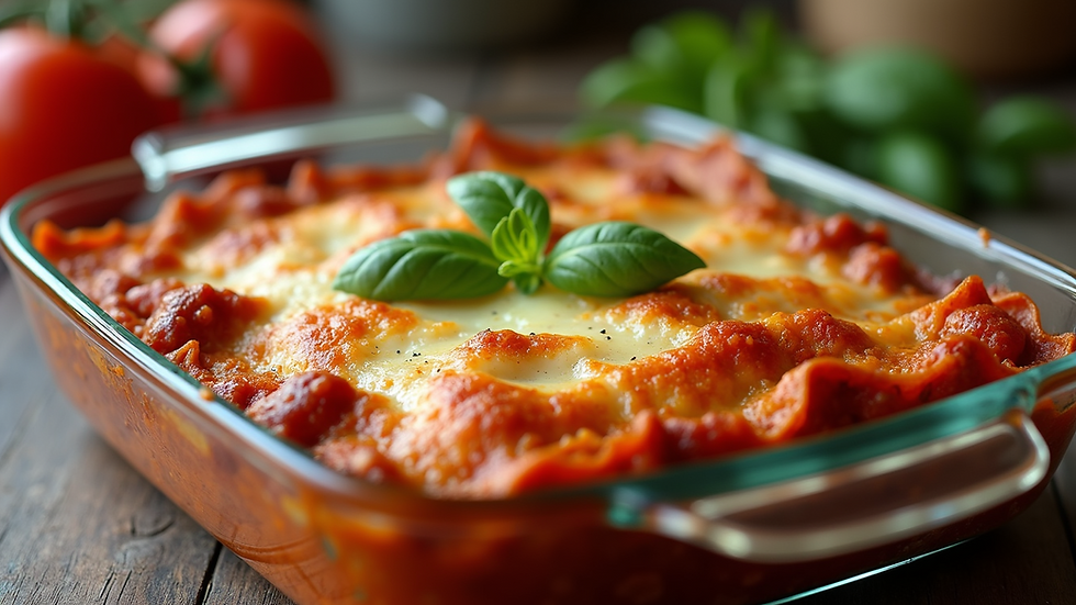 High angle view of a lasagna in a heat-resistant glass dish