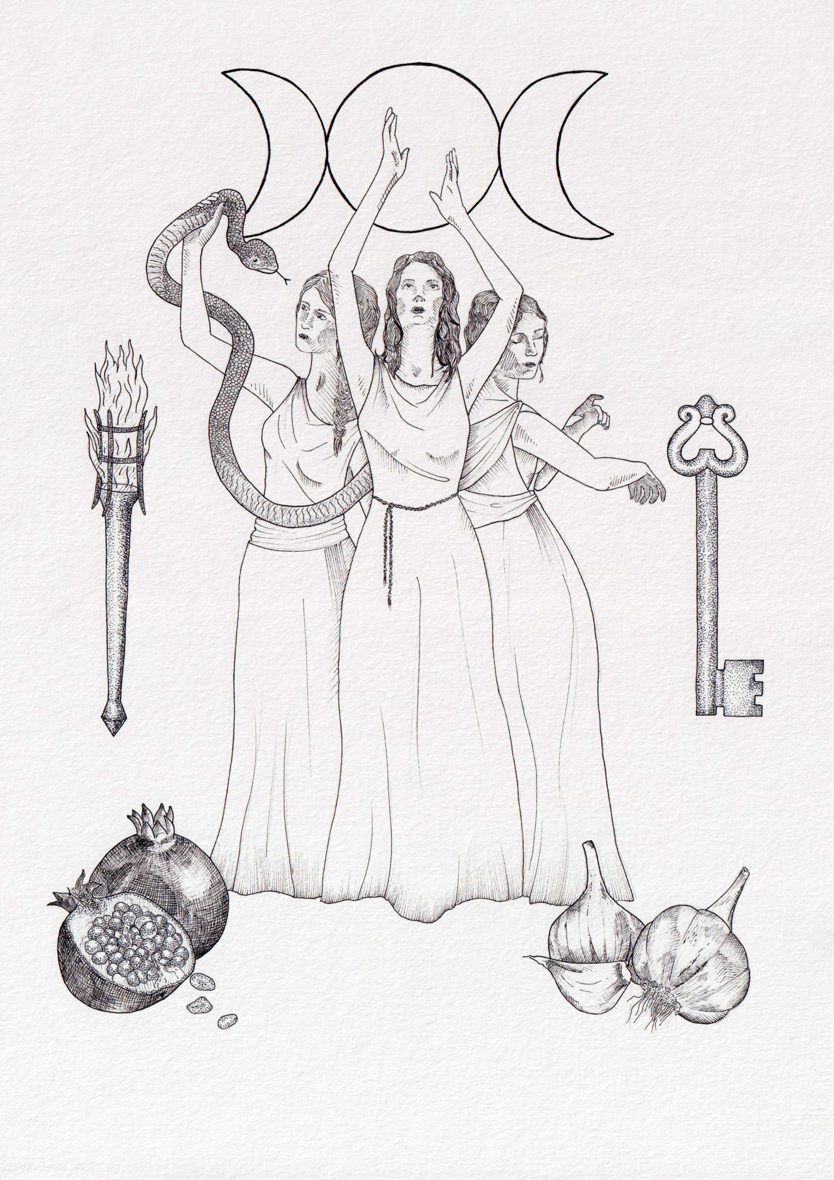 fine liner drawing of the goddess Hecate