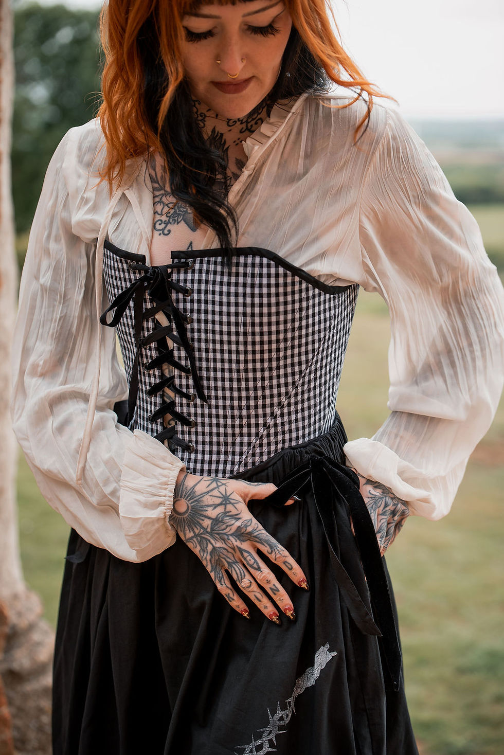 Thumbnail: Rose Flail Midi Skirt- Black Cotton Skirt with Medieval Lino Print