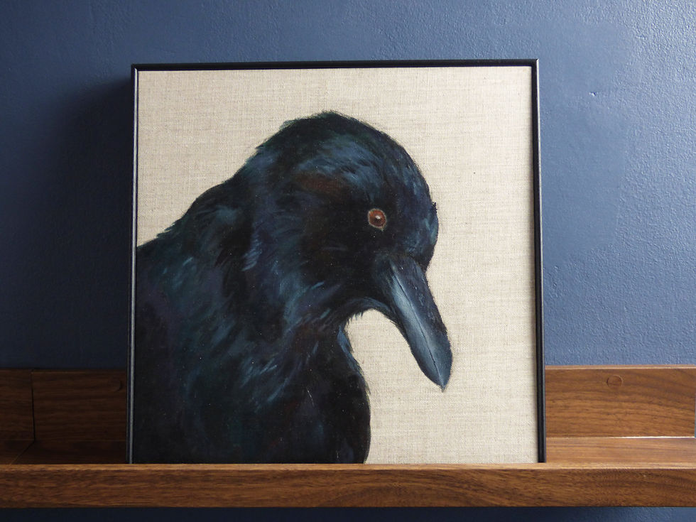 Thumbnail: A framed oil painting of a raven on a natural linen canvas board. The raven is depicted in profile with rich, dark blue and b