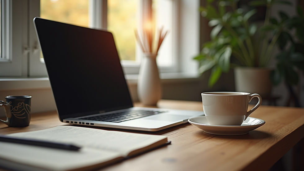 Eye-level view of a cozy writing desk with a laptop and a cup of tea