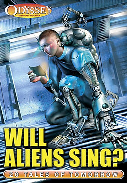 Book Cover Illustration for Will Aliens Sing showing a young male cyborg studying a piece of paper.