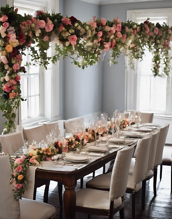 dinner party table with a floral garland