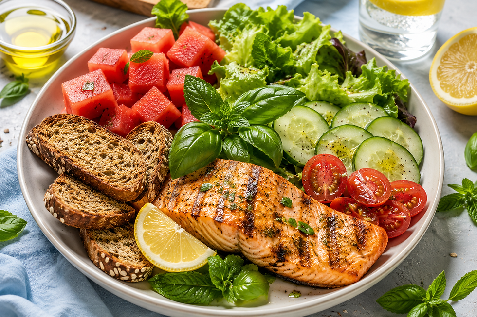 Pesce alla piastra con ortaggi estivi, crostini integrali e limone
