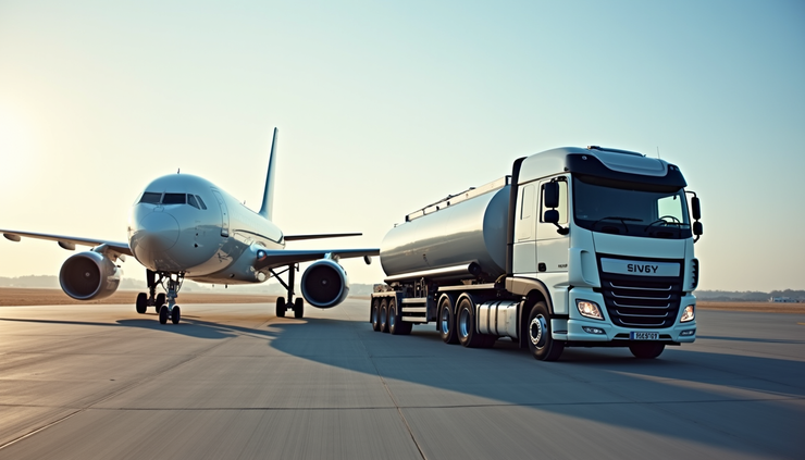 Eye-level view of a jet refueling truck next to a commercial airplane at a UK airport