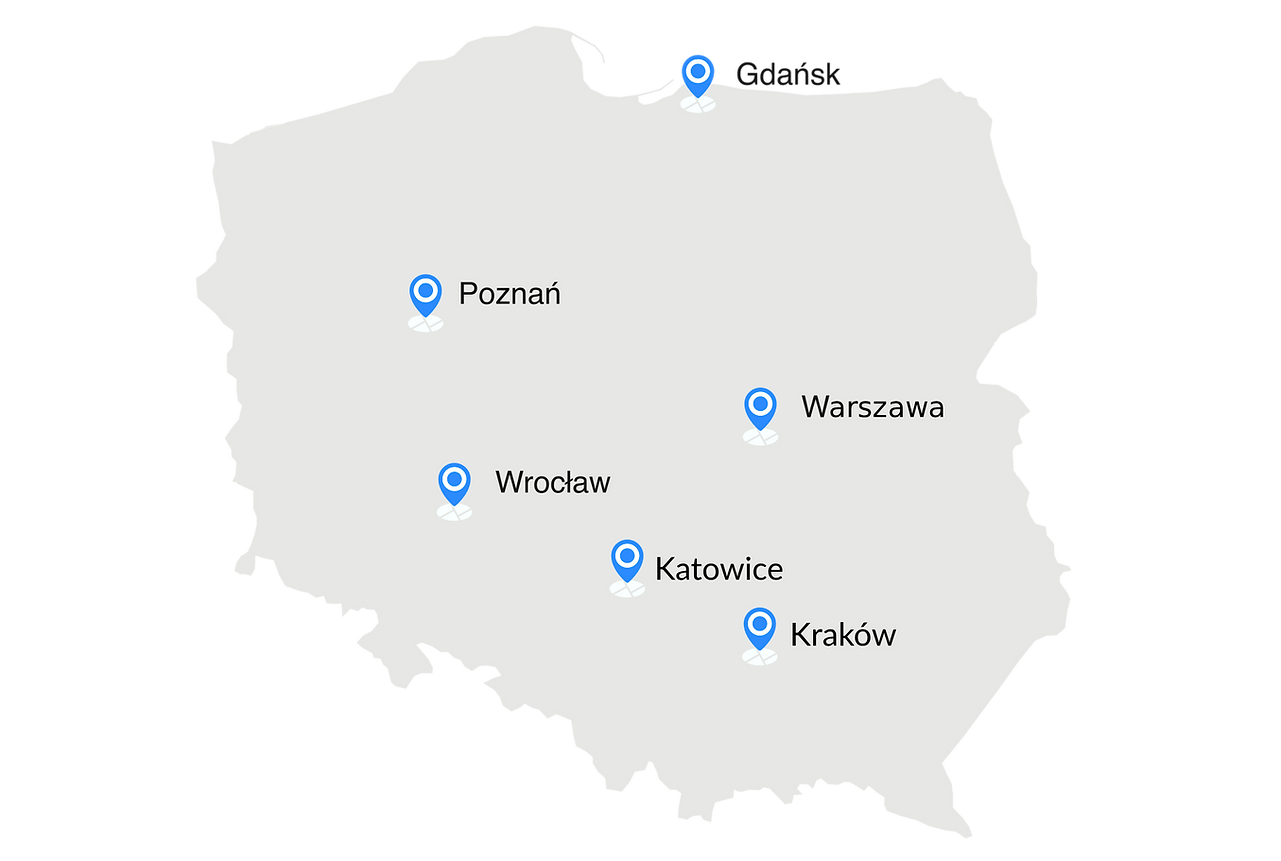 Mapa lokalizacji Rower Rent – Wrocław, Gdańsk, Poznań, Kraków, Katowice, Warszawa