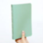 A hand presents a mint soft covered notebook, highlighting its hand-stitched craftsmanship.