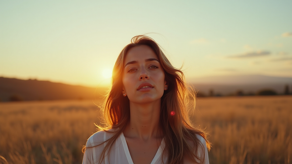 Vista frontal de mulher em ambiente natural, olhando para o horizonte com expressão de confiança