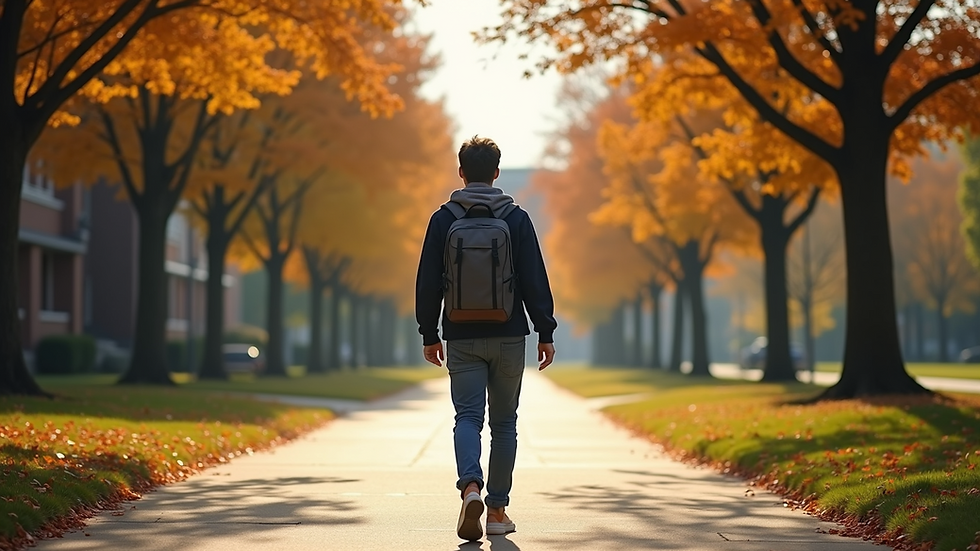 Eye-level view of a student walking on a college campus