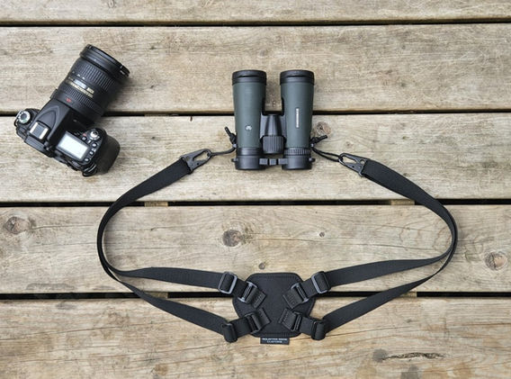 Binocular / camera harness with adjustable elastic carrier
