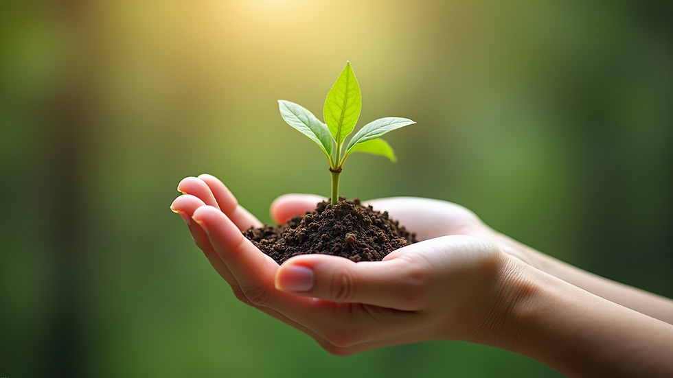 Close-up view of a hand holding a small plant symbolizing growth and sustainability