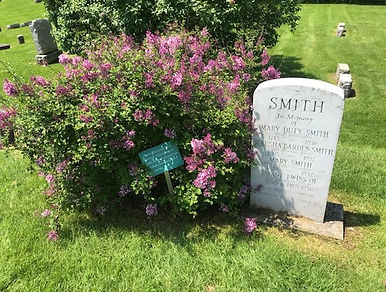 Joseph Sr. & Lucy Mack Smith headstones in front of lilac bushes in the Smith Family Cemetery, Nauvoo, IL