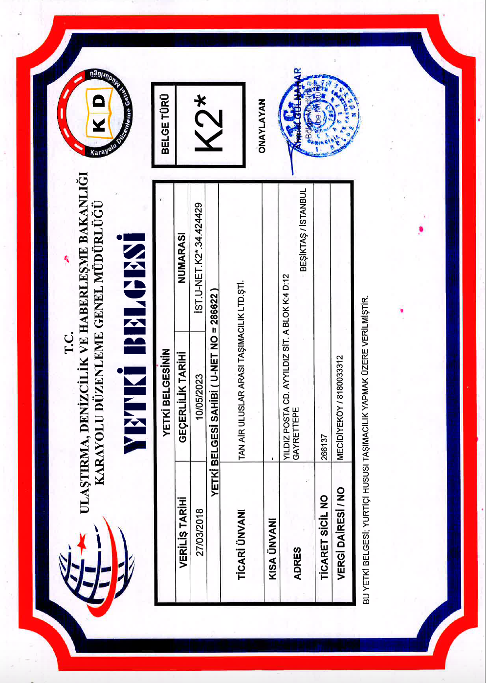K2 LICENCE OF AUTHORIZATION